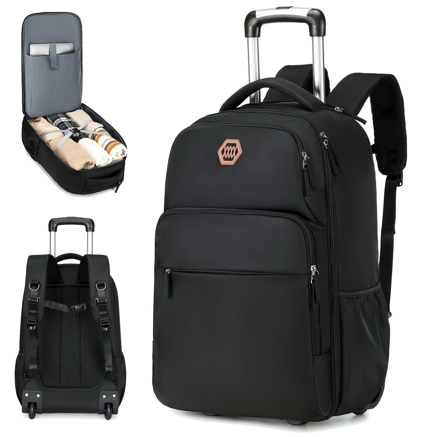 Foldable Rolling Luggage Bag - 40Lのキャスター付きラップトップバックパック。ビジネス用、旅行用、通学用として使える。ダブルショルダーストラップ付きで、男女兼用。アウトドアにも適したスーツケース。
