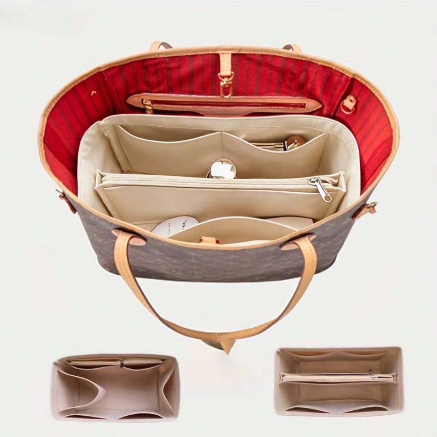Handbags - フェルト製の仕切り付きバッグオーガナイザー、多機能ポケット付きコスメティックバッグ、トートバッグやハンドバッグ用の携帯用インナーバッグ